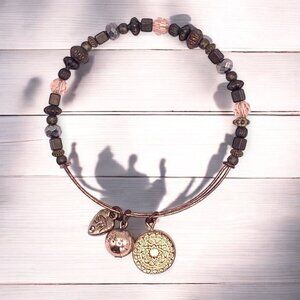 Beaded Charm Bracelet Brown & Peach Gold Finish Sun & Heart - Expands 2"- 3.5"